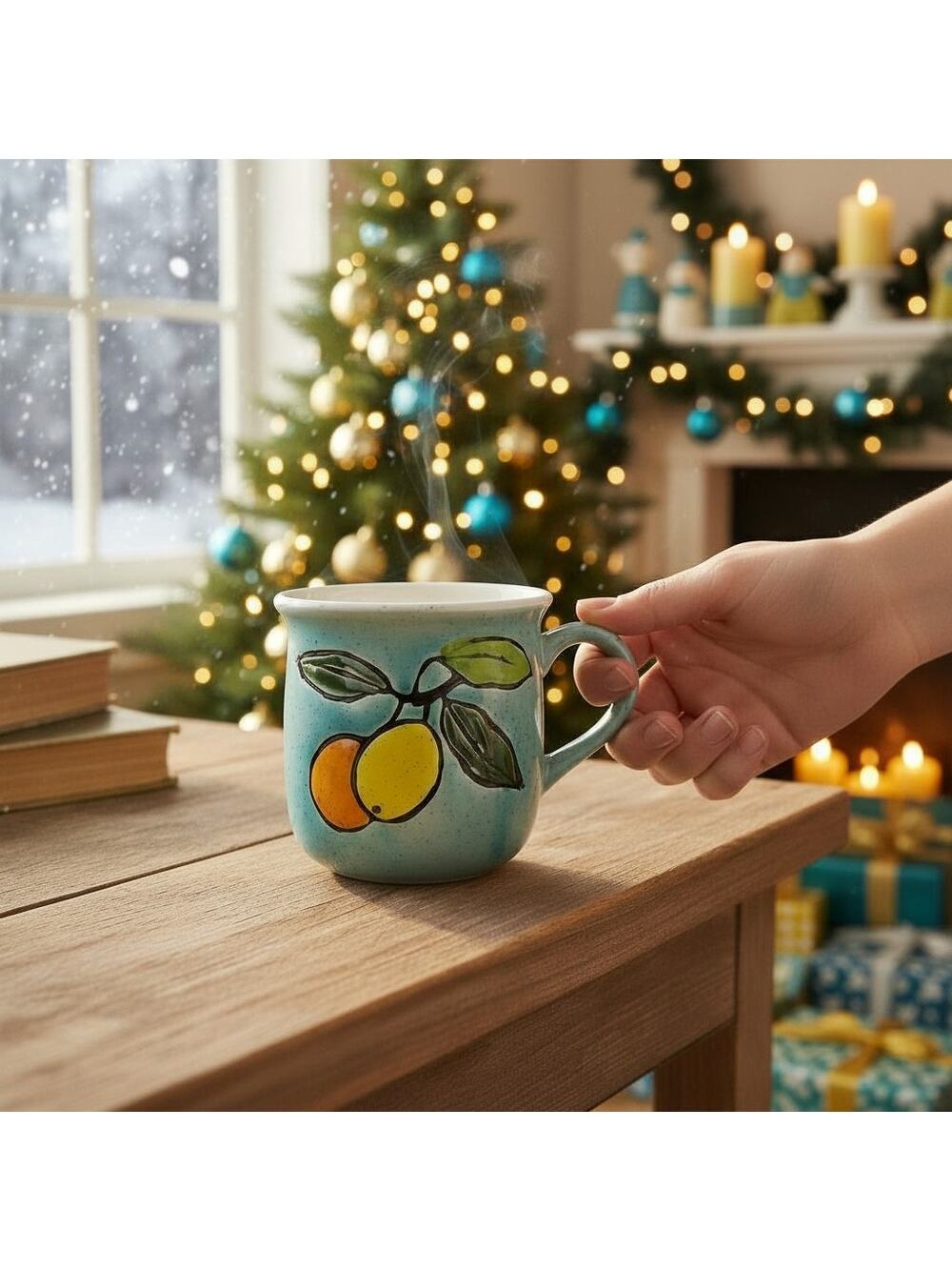 🍊 🍋Vintage Fruit Mug ☕ Hand Painted Ceramic Stoneware Rustic Cup🍐🍋‍🟩